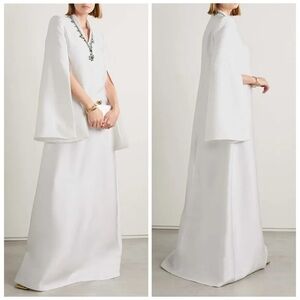 Reem Acra White Mikado Caftan Cape Gown Dress Green Crystal Embellished XL NWT